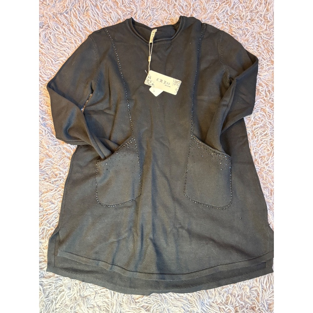 CMP55 Collection Womens Black‎ Knit Tunic Rhinestone Pocket Long Sleeve Top NEW